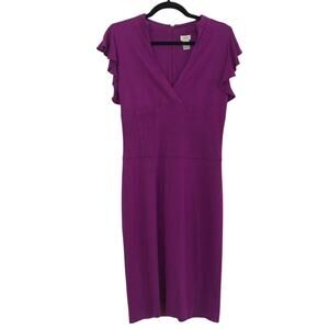 Cache Vintage Purple Sheath Dress Flutter Sleeve Womens 6 V Neck Knee Length